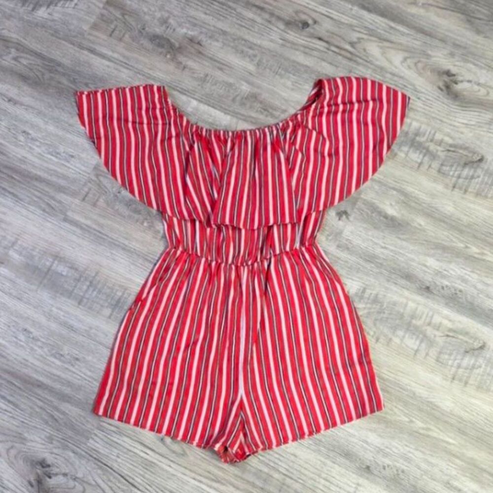 Soprano Nautical Red Striped Off Shoulder Romper Size S Coastal Chic - Picture 3 of 7